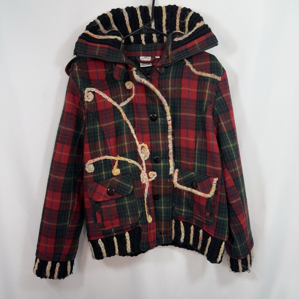 Parsley & Sage Wool Plaid Embroidered Hooded Jacket Boho Large‎
